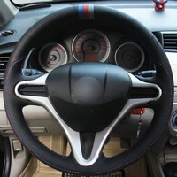 top leather steering wheel hand stitch on wrap cover for honda fit 2009 13
