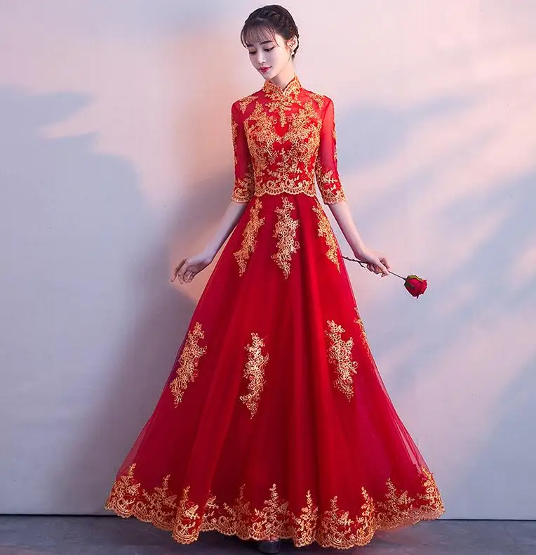 red Красное традиционное китайское свадебное платье Cheongsam длинное Qipao свадебное традиционное Классическое женское платье восточные платья Vestido Novia - Цвет: red