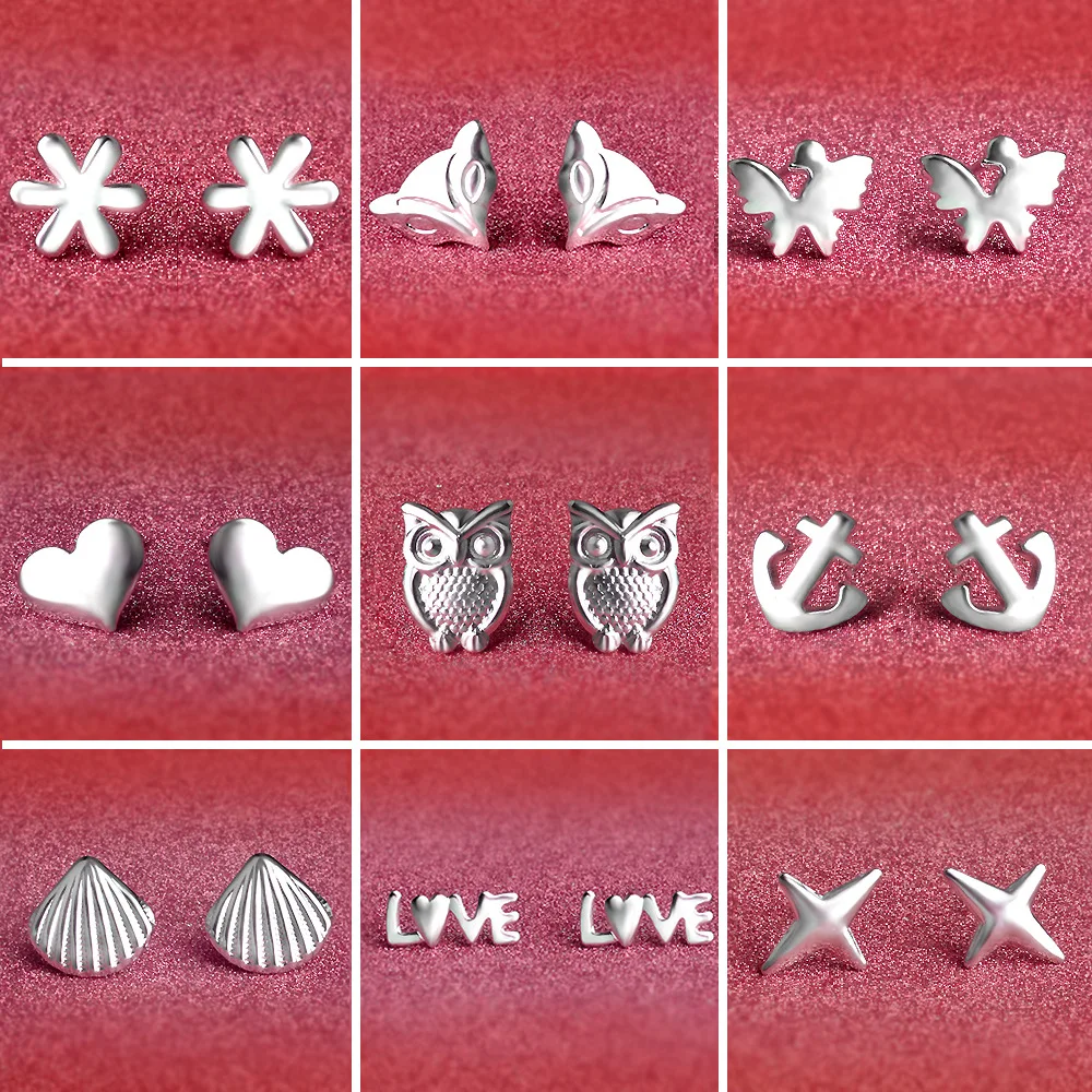 Мини милые серьги гвоздики в виде совы бабочки сердца для женщин посеребренные