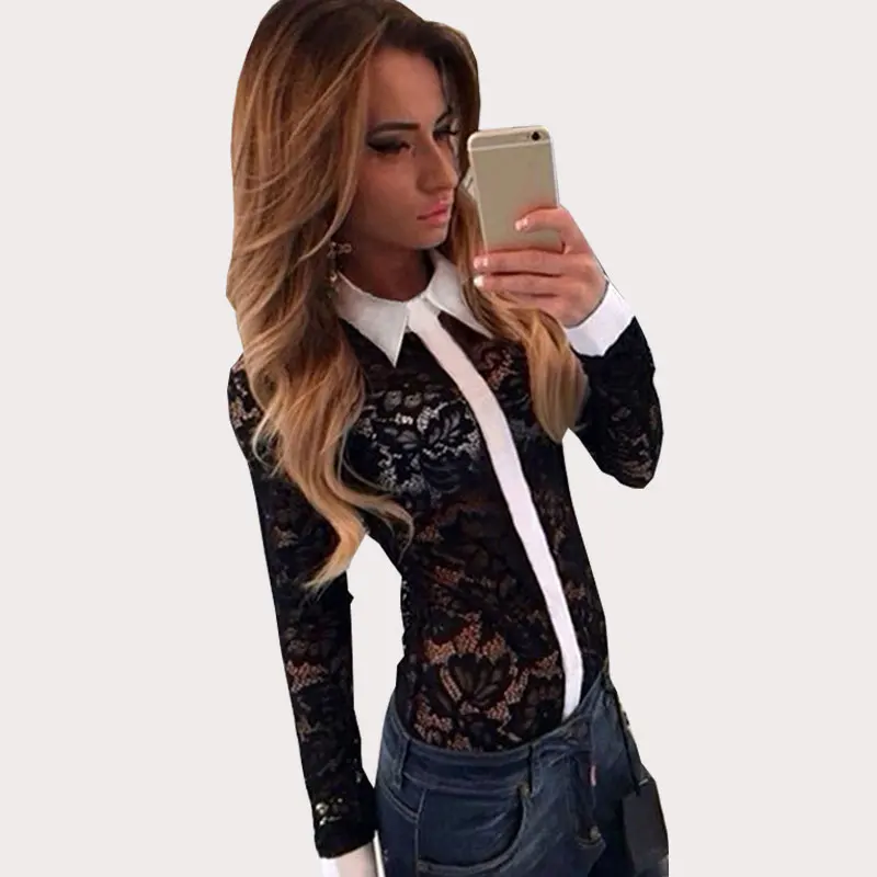 

JYConline Long Sleeve Lace Blouse Women's Shirts Sheer Blusas Renda Lace Patchwork Women Blouse Slim Tops Sexy Shirts Ropa Mujer