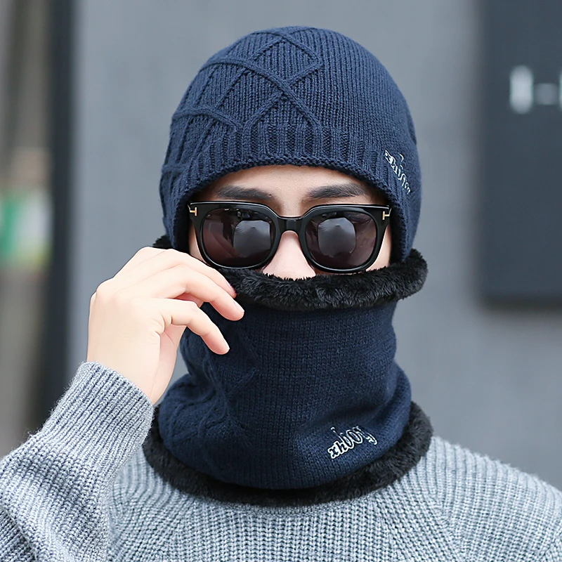 Winter men's knitted cotton hats warm and comfortable loose ski scarf mask caps exquisite embroidery plus velvet thick Beanies |