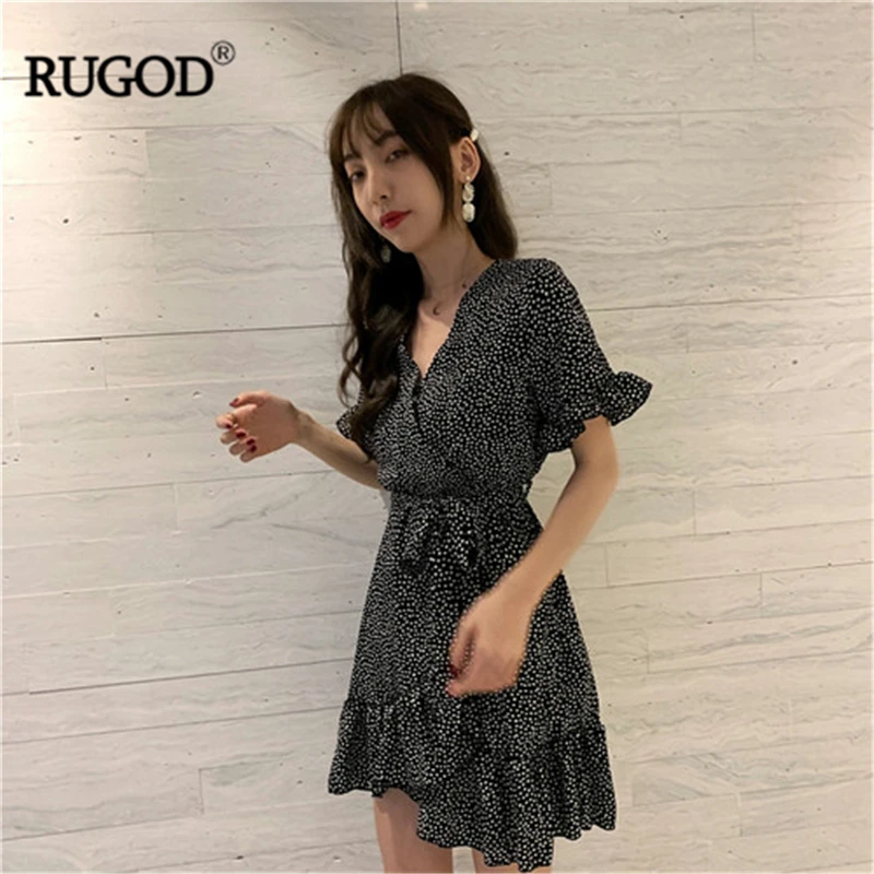 Женское платье с рюшами RUGOD винтажное Летнее мини-платье короткими рукавами и