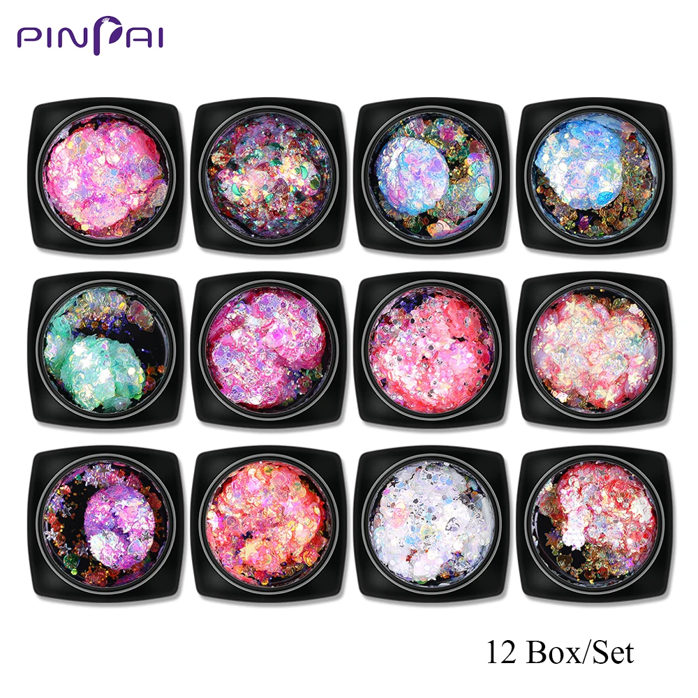 12 шт./компл. с голографическим блеском для ногтей блестки порошок в виде звезды