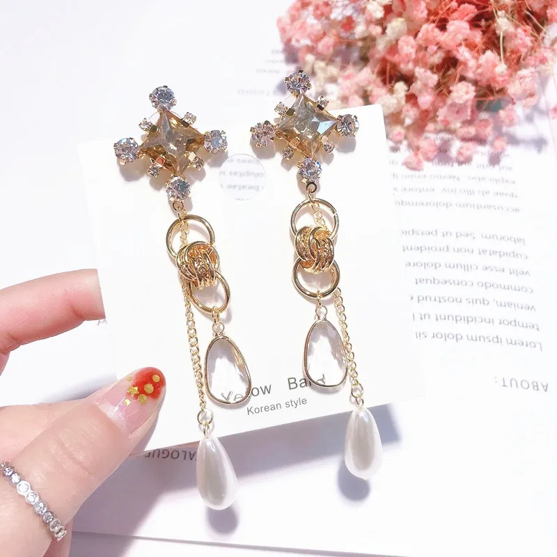 MENGJIQIAO 2019 Korean New Luxury Water Drop Crystal Simulated Pearl Pendant Long Earrings For Women Fashion Bijoux Party Brinco | Украшения