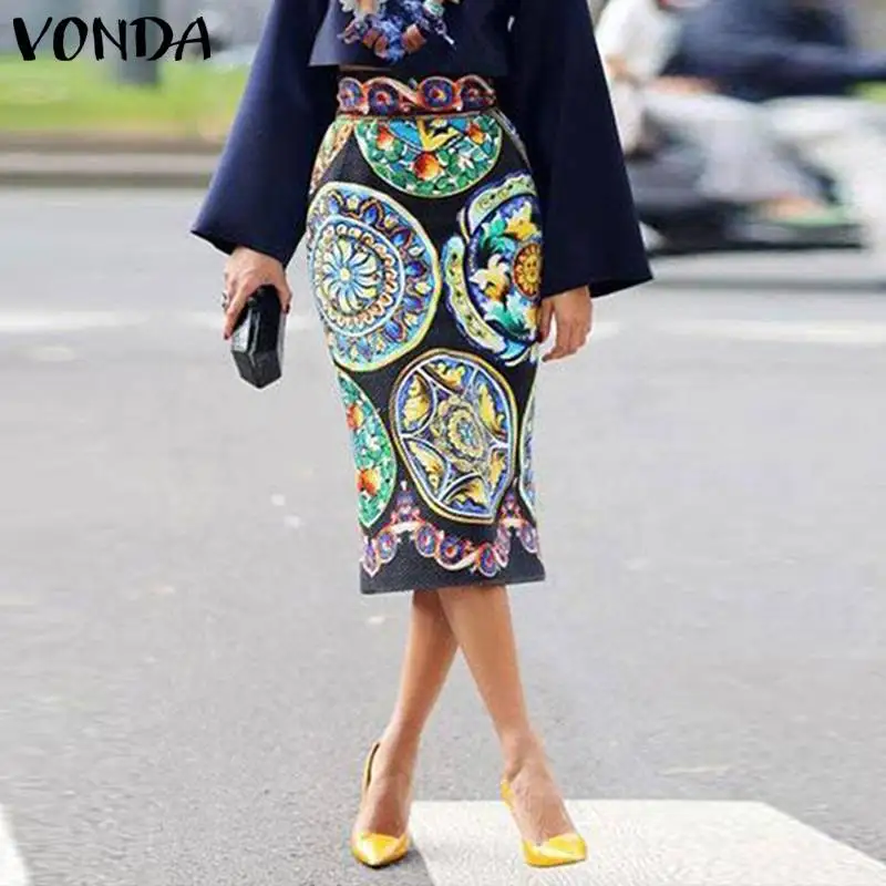 VONDA, винтажная юбка, летняя, для женщин, сексуальная, OL, для офиса, для девушек, с цветочным принтом, миди, юбки с высокой талией, бодикон, Vestidos размера плюс, 5XL