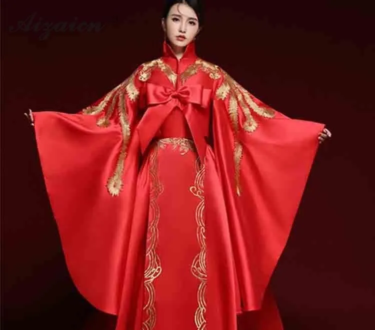 Восточный стиль, красное платье Хост, длинное, Cheongsam, современная вышивка невесты, Qi Pao, женское традиционное китайское платье, модное шоу