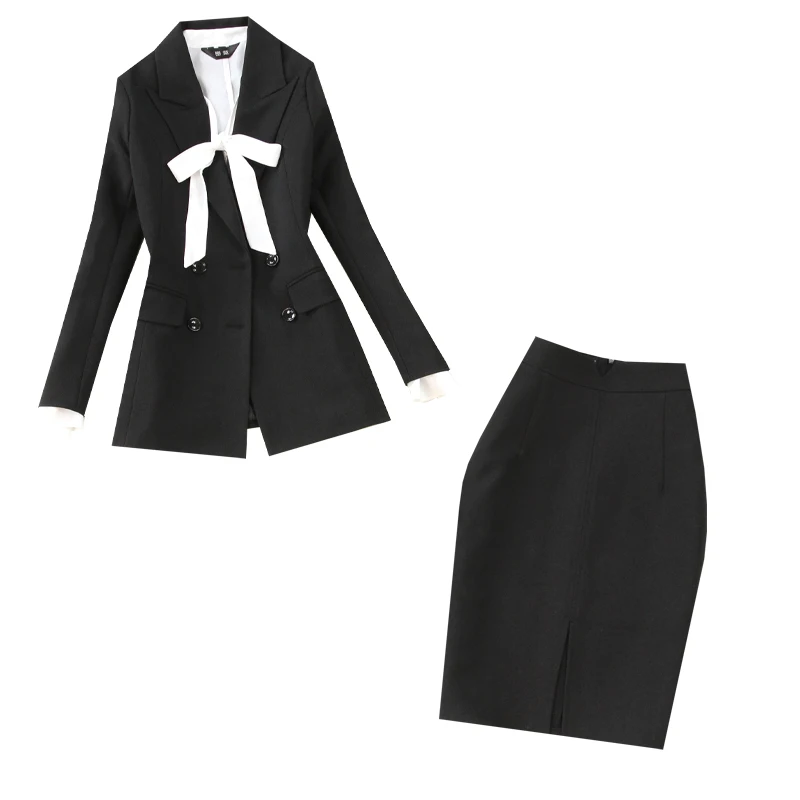 

Set female spring and summer new women's long section OL office ladies commuter black suit bow shirt shirt hip skirt set