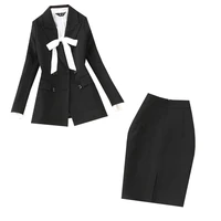 set female spring and summer new womens long section ol office ladies commuter black suit bow shirt shirt hip skirt set