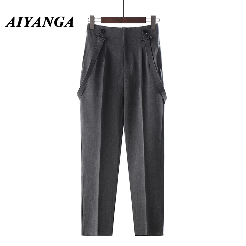 

AIYANGA Women Autumn Strap Harem Pants 2018 Fashion Loose High Waist Pant Ladies Office Solid Black Gray Ankle Length Trousers
