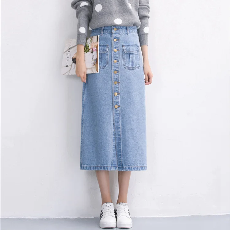 Джинсовая Юбка миди трапециевидная юбка новинка Зимы 2016 длинная из денима с
