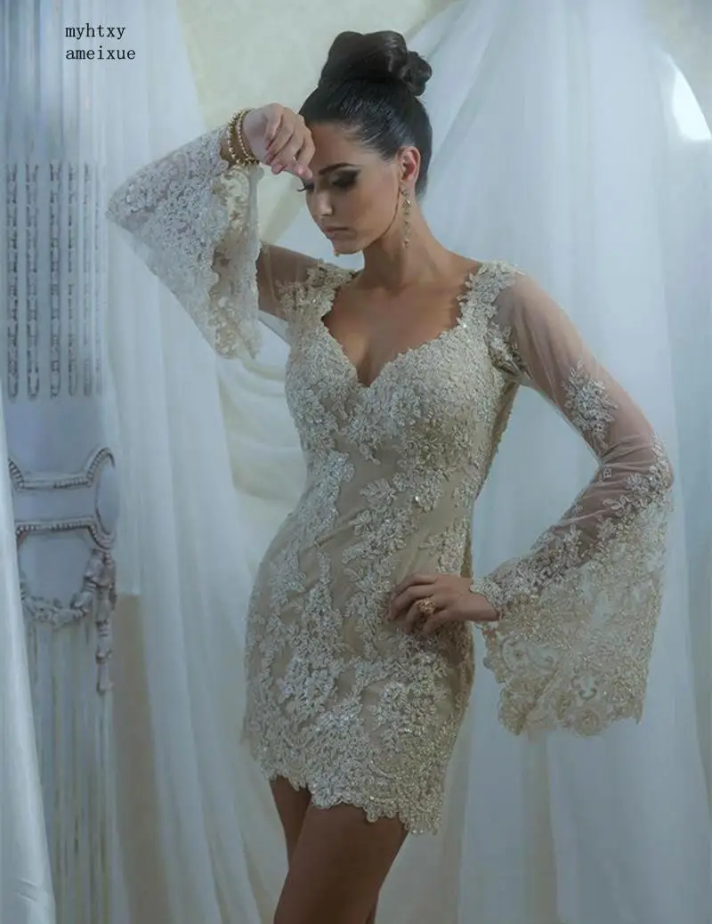 

Elegantes Lace Appliques Short Evening Dresses 2020 Sexy V-neck Long Sleeve Formal Party Gowns Robe De Cheap Party Long Dress