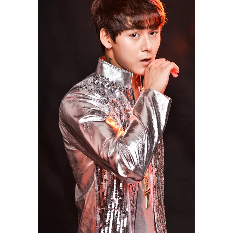 Мужские кожаные куртки с серебряными блестками для ночных клубов Кожаные