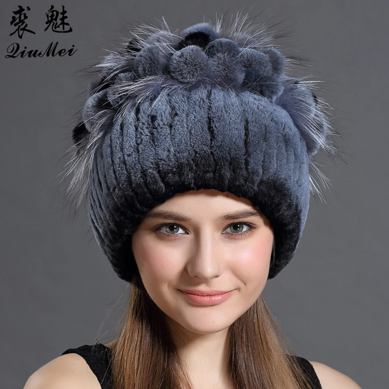 QiuMei, новинка, женская теплая шапка из кроличьего меха, мех лисы, швейные ленты, головной убор с цветком, модные женские шапки из меха кролика в русском стиле