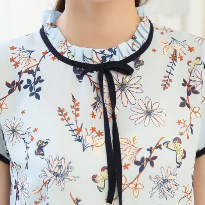 Женская шифоновая рубашка с коротким рукавом плиссированная цветочным принтом