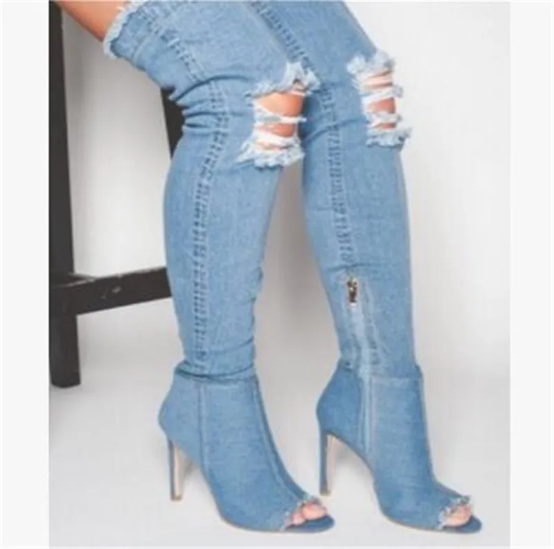 Популярные Модные весенне летние женские сапоги синие джинсовые ботфорты с