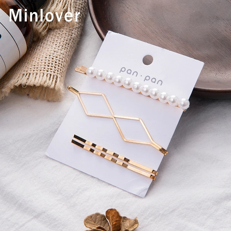 Minlover 3 шт./лот полые геометрические аксессуары для волос из жемчуга девушка Бобби