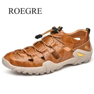 Мужские кожаные сандалии, летняя повседневная обувь из дышащего материала в римском стиле для прогулок, пляжа, 2019