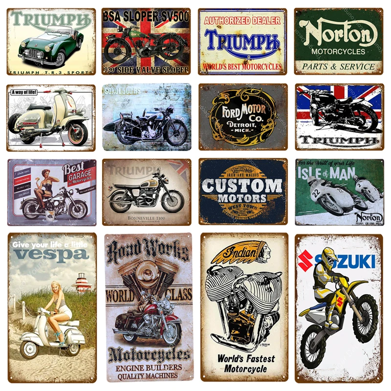 Знаки из металла для мотоциклов Triumph Norton Custom Motors Iron Poster Pub Bar Garage Vintage Wall Decoration. - Фото №1