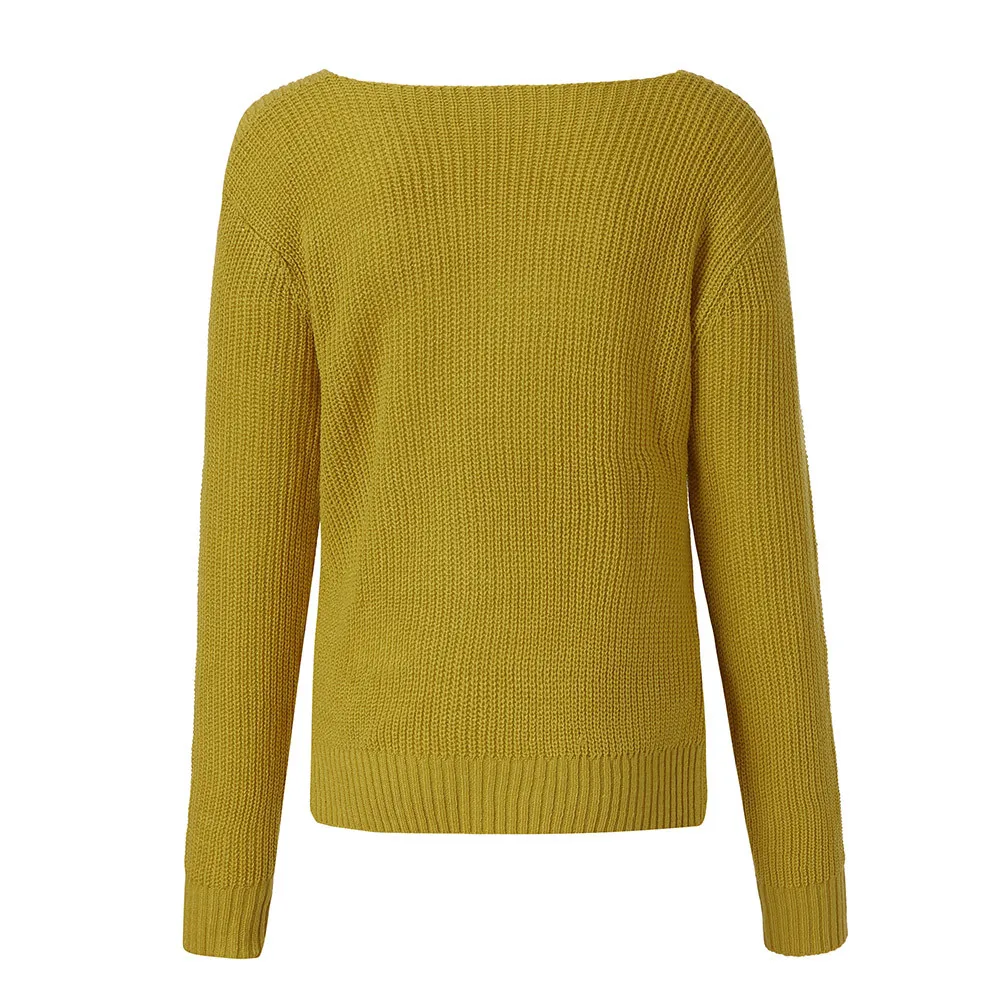 Pull femme hiver свитера с длинным рукавом сплошной цвет v-образный вырез сексуальный крест завязанный панель свитер для женщин размера плюс roupa feminina