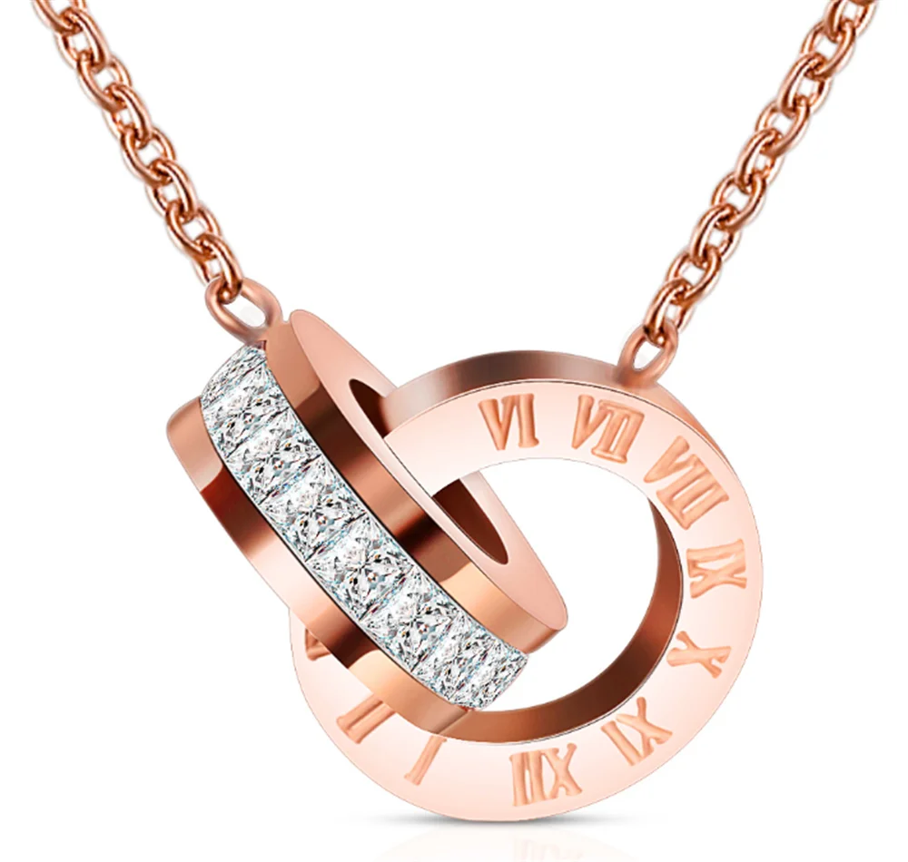 Necklace Роскошный Титановый стальной розовый золотой кулон с римскими цифрами ожерелье серьги из нержавеющей стали 316L женский ювелирный комплект подарок на день Святого Валентина - Окраска металла: Necklace
