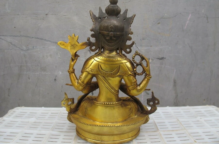12 &quotТибет Тибетский бронзовая позолота четыре руки Chenrezig Kwan-Yin статуя