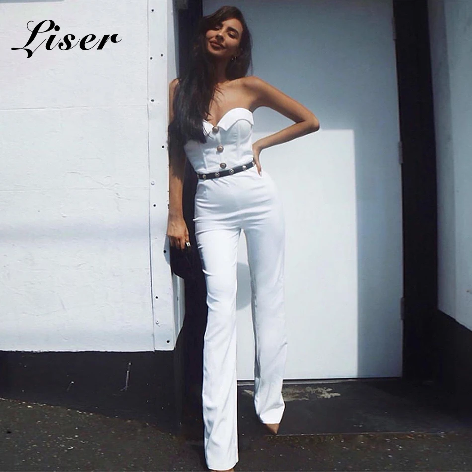 Женский комбинезон без бретелек Liser черный/белый Облегающий на кнопках лето 2019 |