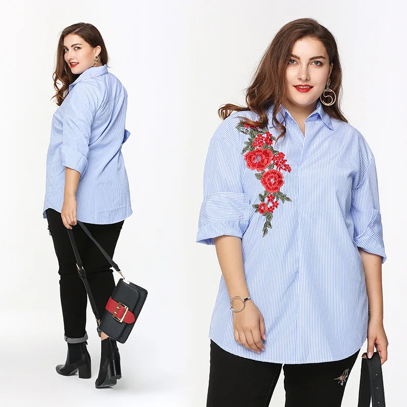 2018 плюс Размеры Мода цветок вышивка блузка Женский Большой модные регулярные Blusas