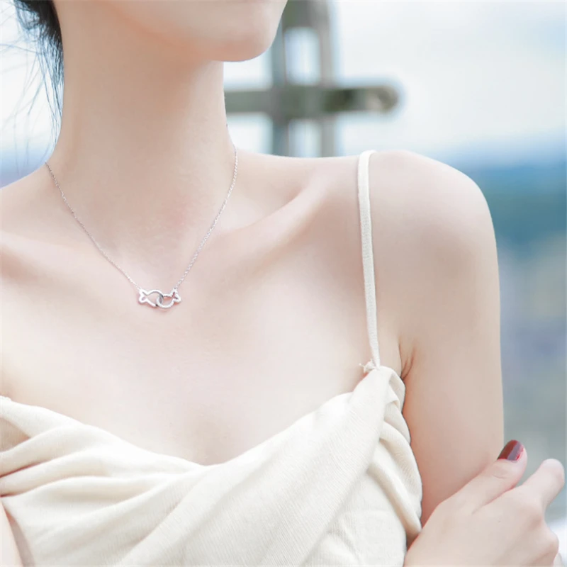 

Tibetan Sliver Cute Romantic Korean Style Double Fish Best Friend Choker Necklace Women Accessories Long necklaces Woman 2019