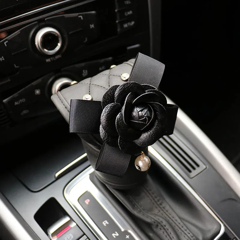 gear shift cover 1pc Черный жемчуг, цветок камелии, автомобильные аксессуары, хрустальные стразы, украшение интерьера, кожаный чехол на руль, чехлы на ремень безопасности - Название цвета: gear shift cover 1pc