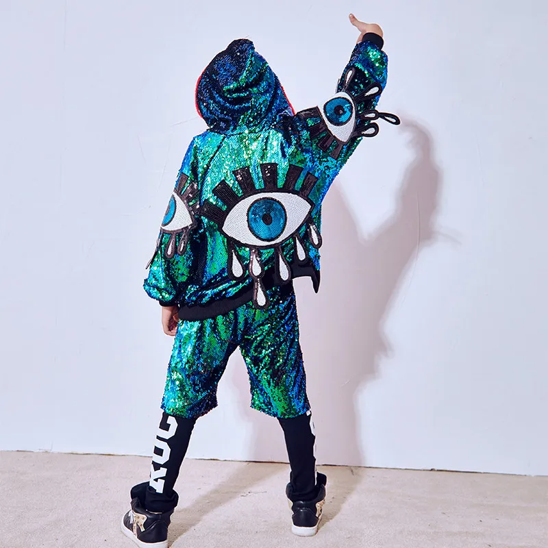 Новинка одежда для уличных танцев мальчиков зеленое пальто с пайетками