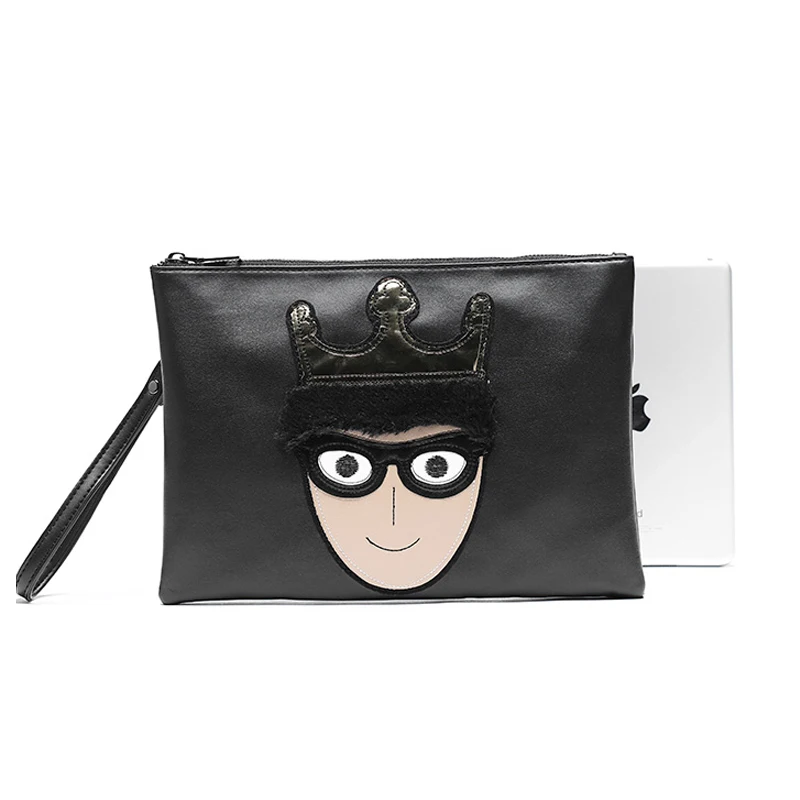 New iPad Men Shoulder Bag Solid Personality Prince Pattern Pu Leather Zipper Handbag Wrist For Boys |
