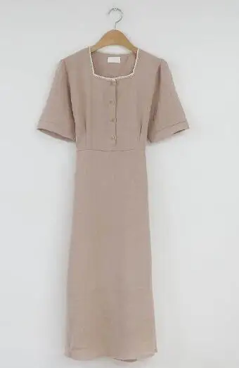 khaki Винтажные милые платья длинные женские летние с коротким рукавом повседневные консервативный стиль трапециевидная Рубашка-Платье на пуговицах из хлопка и льна 5127 - Цвет: khaki