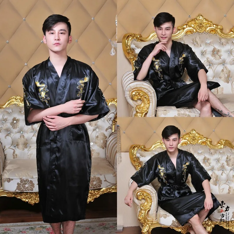 Банный халат Для женщин Китайский Стиль Атласный вышивка дракон Gown Robe женские