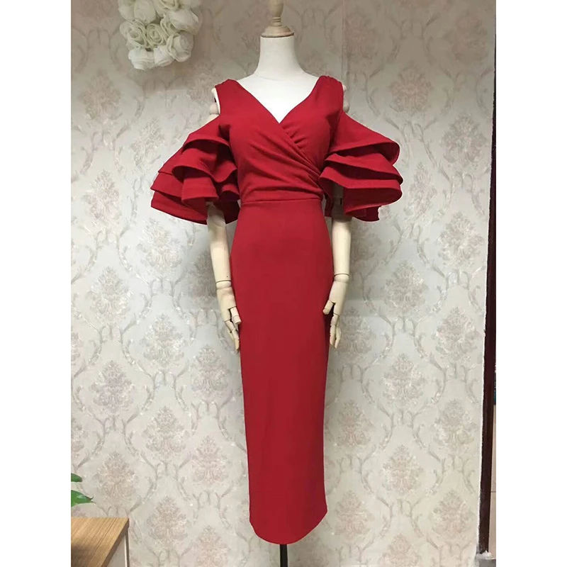 

HIGH STREET New Fashion Runway 2021 Designer Party Dress Women's Butterfly Sleeve Shoulder Hollow Out Mid-calf Slim Dress