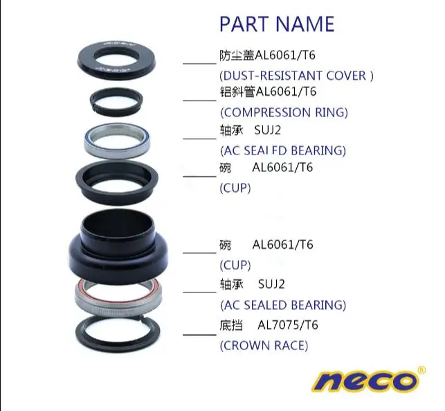 Neco велосипедная гарнитура без резьбы H151S подходит для 1-1/8 ''до 1,5'' ZS44/28,6 EC44/39,8 коническая вилка Steerer велосипедная mtb дорожка велосипедная гарнитура