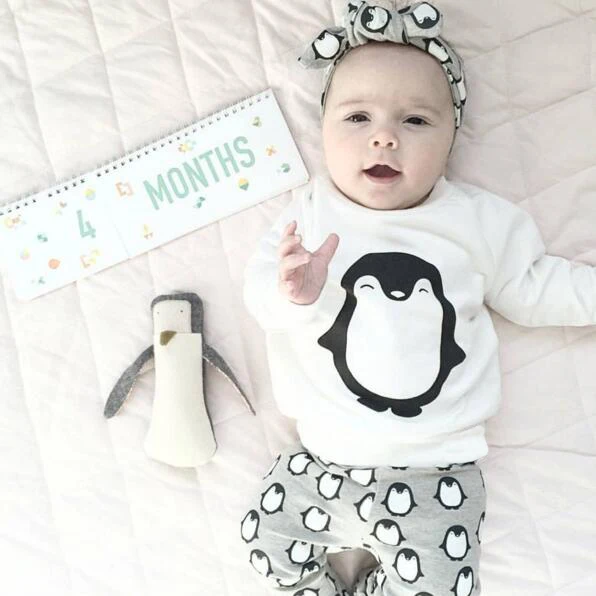 Baby girl clothing sets 2016 autumn baby clothes cotton newborn t-shirt + pants penguin printed infant 2pcs suit | Детская одежда и