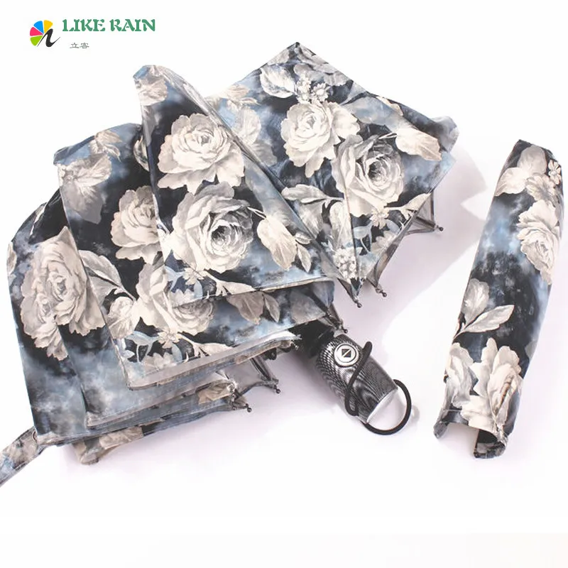 

LIKE RAIN New Automatic Nylon Umbrella Romantic Peony Oil Painting Umbrella Rain Women High Quality Large Umbrella UBY44
