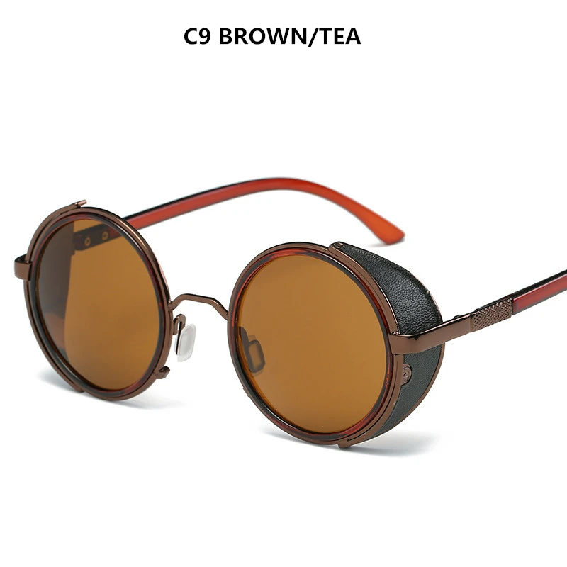Steampunk Sunglasses Women Round Glasses Goggles Men Side Visor Circle Lens Unisex Vintage Retro Style Punk Oculos De Sol - Lenses Color: BROWN TEA