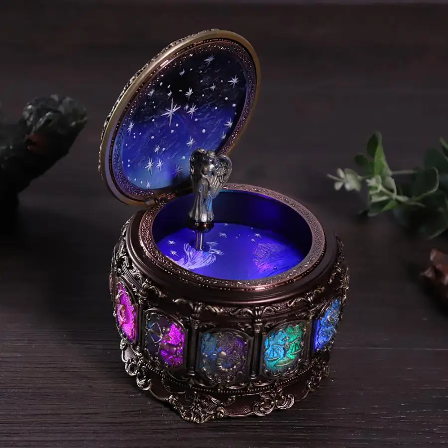 Музыкальные коробки винтажная Музыкальная шкатулка с 12 созвездиями вращающийся богиня Мерцающий СВЕТОДИОДНЫЙ светильник подарок на день рождения