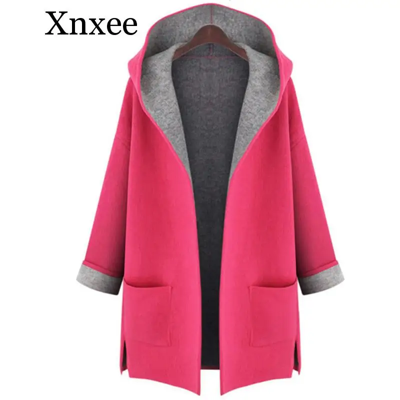 Шерстяное Женское пальто Xnxee средней длины с капюшоном и двумя карманами модная