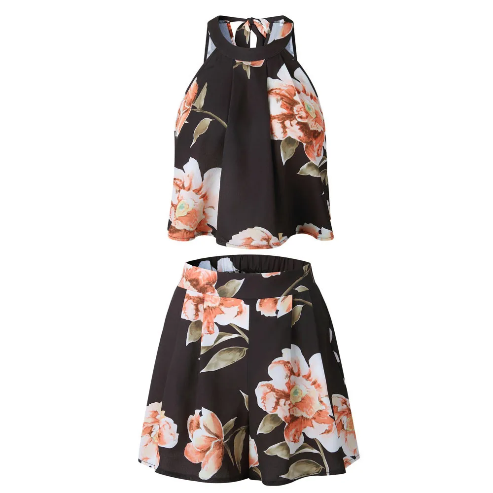 Женский комплект 2 шт. топы с цветочным принтом + байкерские шорты летняя блузка