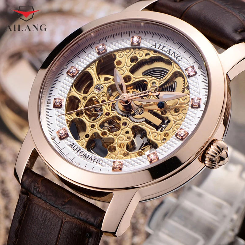 

Cool Skeleton Men Watches Mechanical Self-winding Real Leather Wrist watch Luxury Crystals Dress Watch Hollow Automatic Relogios