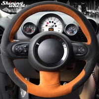 shining wheat hand stitched black brown suede car steering wheel cover for mini coupe