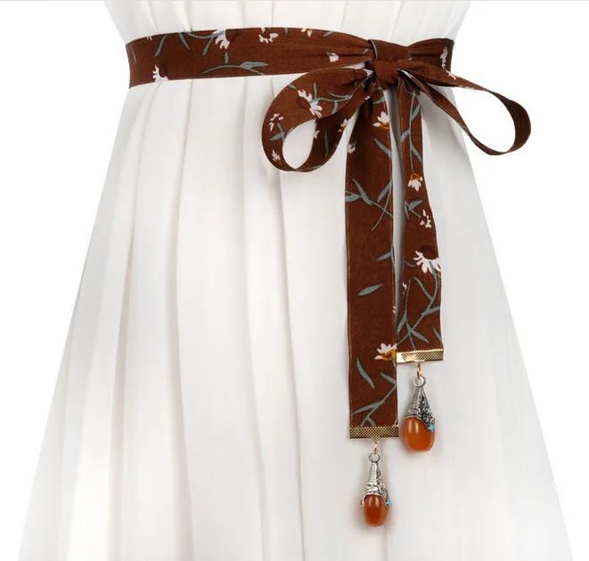 See Orange 2018 Summer New Flower Silk Belt Woman Belt Sashes Vintage Long Fabric Waist Belt For Dress Accessories SO0133