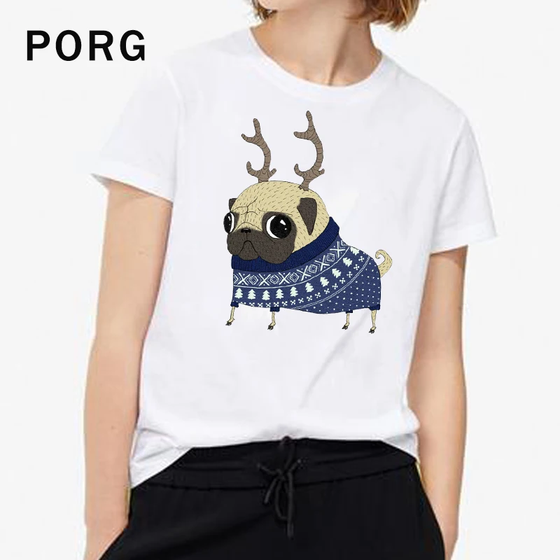 Футболка с оленем и Мопсом белая женская футболка в стиле Харадзюку уличная