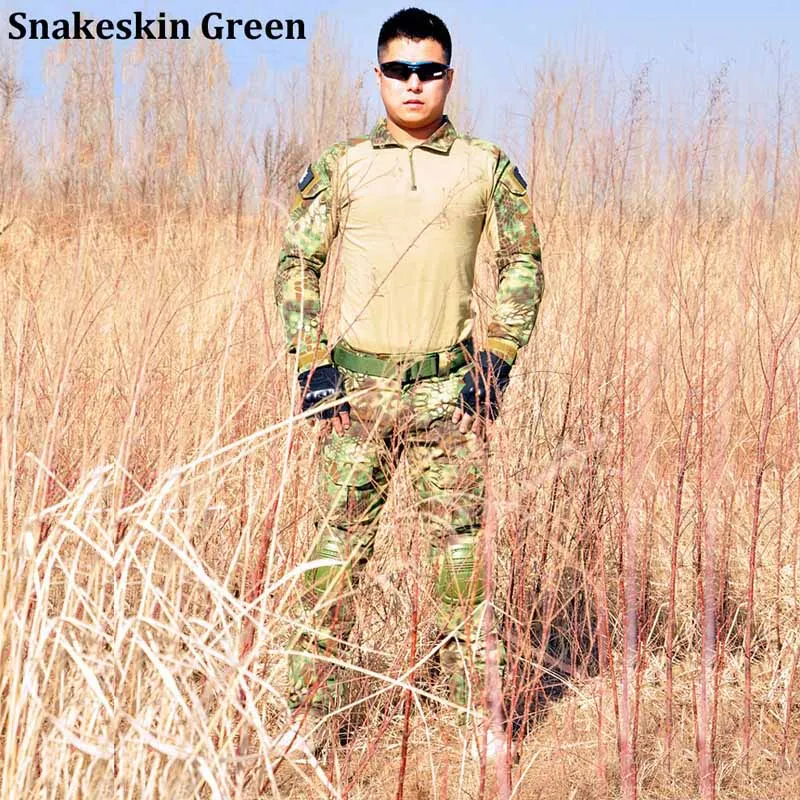 Snakeskin Green Тактическая охотничья одежда, костюмы лягушки, военная форма, уличная камуфляжная рубашка, брюки и наколенники, охотничий костюм - Цвет: Snakeskin Green