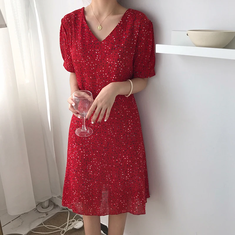 PERHAPS U red apricot polka dot v neck puff sleeve short a line dress mini beach vocation D1311 | Женская одежда