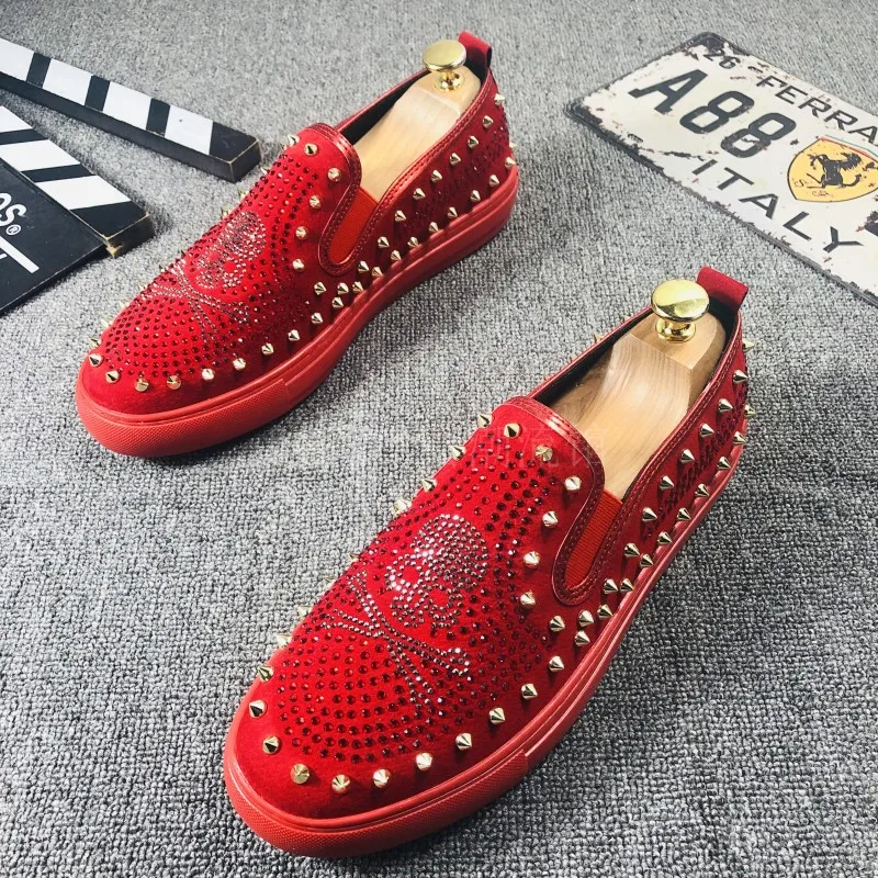 Мужские лоферы с шипами и заклепками черные красные дизайнерские туфли на