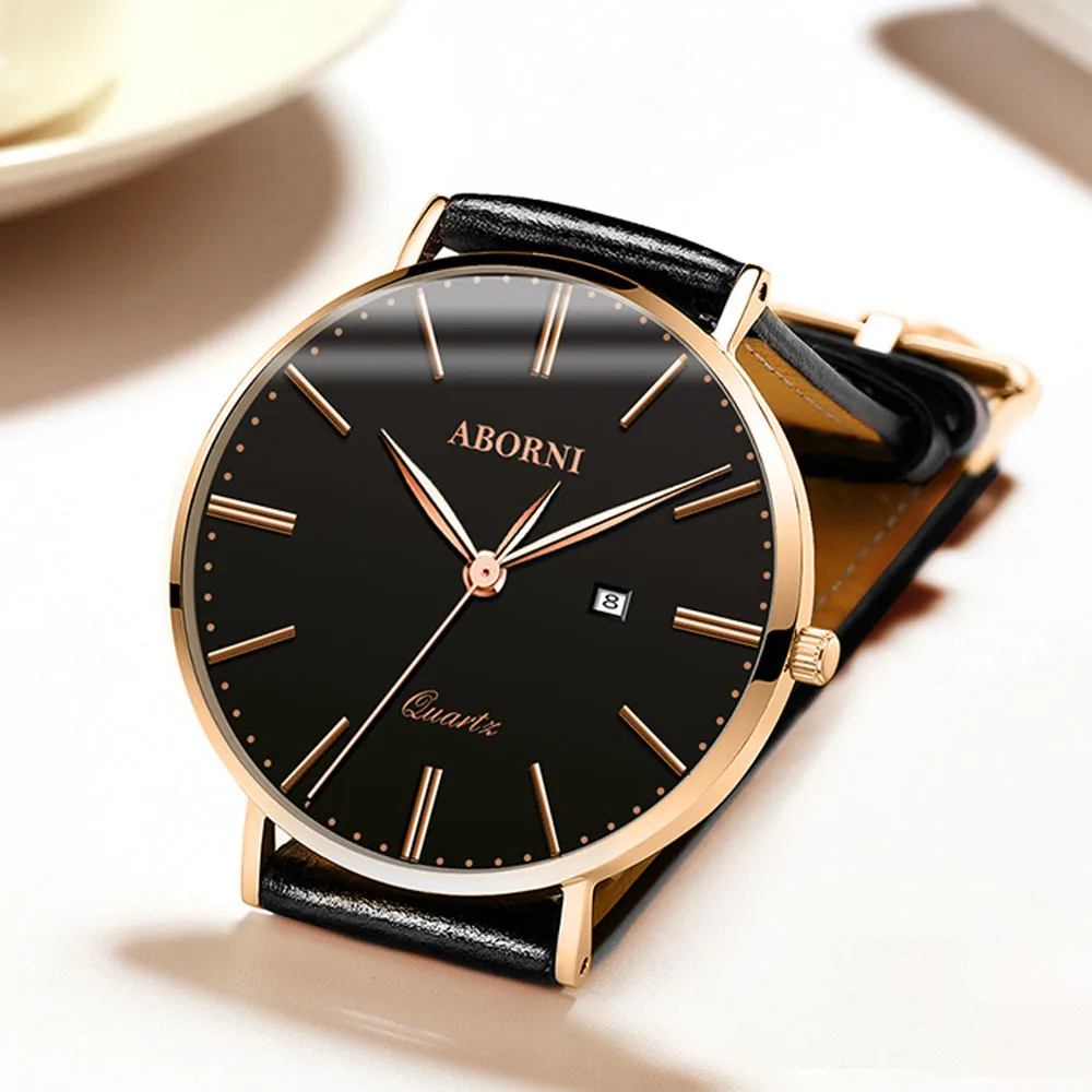 Бренд ABORNI мужские кварцевые часы розовое золото роскошные для мальчиков кожаные