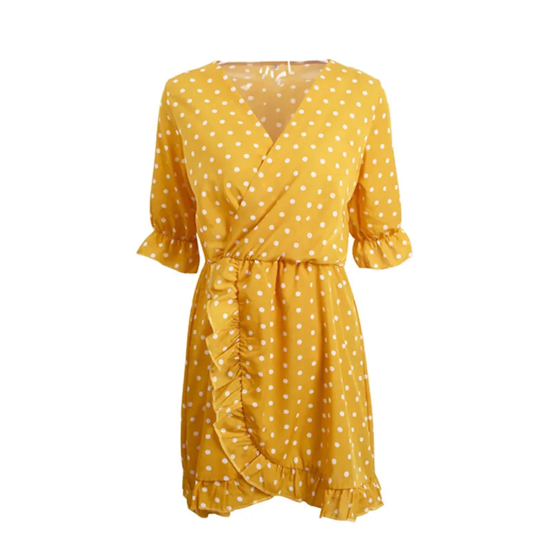 Женское платье в горошек сексуальное с v образным вырезом рукавом до локтя рюшами